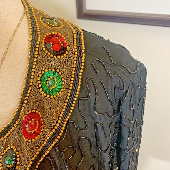 Vintage Evening Jacket XL Lawrence Kazar 100% Silk Beaded Black Gold Retro 90’s - Picture 4 of 6